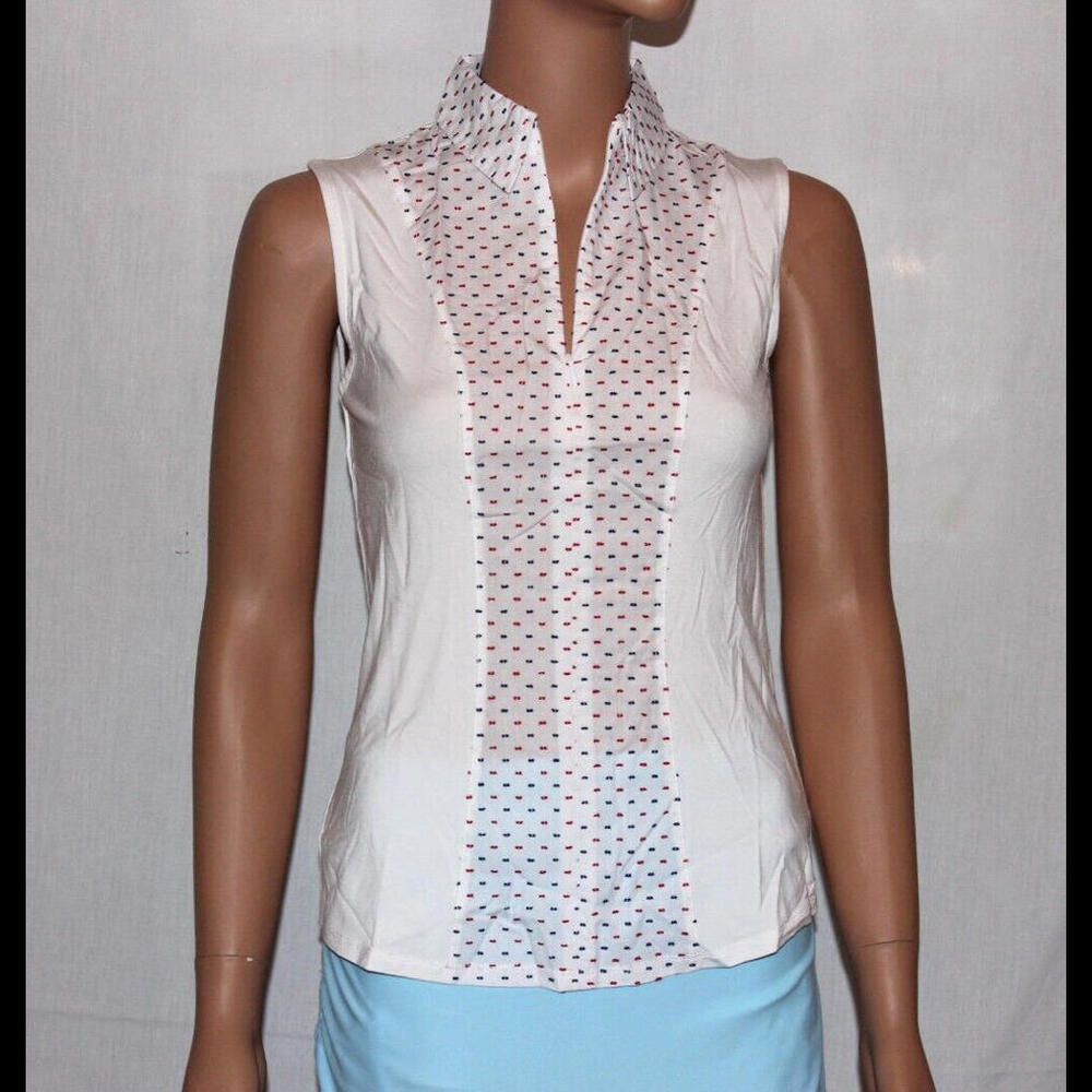 MOVETES WOMENS SLEEVELESS CINDY SHIRT WHITE W/NAVY & RED DOTS – SIZE 0 THRU 14